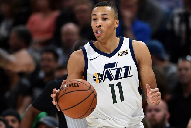 SALT LAKE CITY, UT - OCTOBER 4: Dante Exum #11 of the Utah Jazz controls the ball against the Maccabi Haifa in preseason action at Vivint Smart Home Arena on October 4, 2017 in Salt Lake City, Utah. NOTE TO USER: User expressly acknowledges and agrees that, by downloading and or using this photograph, User is consenting to the terms and conditions of the Getty Images License Agreement. (Photo by Gene Sweeney Jr./Getty Images)
