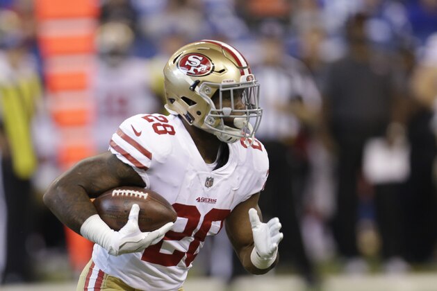 San Francisco 49ers running back Carlos Hyde runs during the first half of an NFL football game against the Indianapolis Colts, Sunday, Oct. 8, 2017, in Indianapolis. (AP Photo/AJ Mast) San Francisco 49ers running back Carlos Hyde runs during the first half of an NFL football game against the Indianapolis Colts, Sunday, Oct. 8, 2017, in Indianapolis. (AP Photo/AJ Mast)