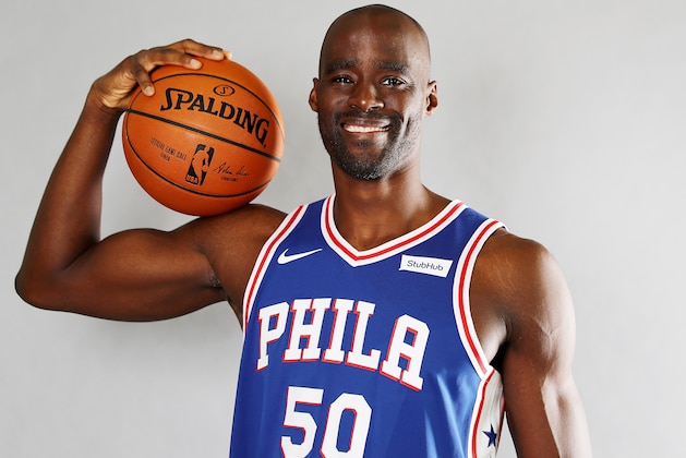 CAMDEN, NJ - SEPTEMBER 25:  Emeka Okafor #50 of the Philadelphia 76ers poses for a portrait during the Philadelphia 76ers Media Day on September 25, 2017 at the Philadelphia 76ers Training Complex in Camden, New Jersey.NOTE TO USER: User expressly acknowledges and agrees that, by downloading and/or using this photograph, user is consenting to the terms and conditions of the Getty Images License Agreement.  (Photo by Elsa/Getty Images)