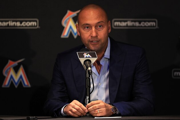 MIAMI, FL - OCTOBER 03:  Miami Marlins CEO Derek Jeter speak with members of the media at Marlins Park on October 3, 2017 in Miami, Florida.  (Photo by Mike Ehrmann/Getty Images)