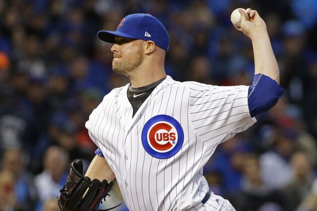 Chicago Cubs' Jon Lester throws during the fifth inning of Game 4 of baseball's National League Division Series against the Washington Nationals, Wednesday, Oct. 11, 2017, in Chicago. (AP Photo/Nam Y. Huh)