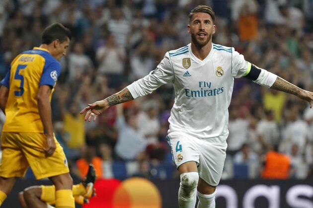 MADRID, SPAIN - SEPTEMBER 13:  Sergio Ramos of Real Madrid celebrates scoring his team's third goal  during the UEFA Champions League group H match between Real Madrid and APOEL Nikosia at Estadio Santiago Bernabeu on September 13, 2017 in Madrid, Spain. (Photo by TF-Images/TF-Images via Getty Images)