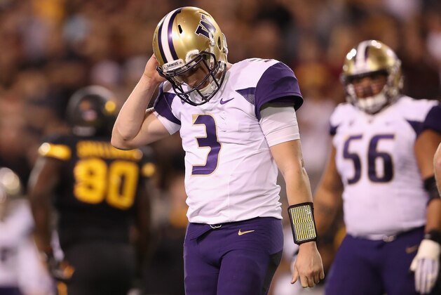 TEMPE, AZ - OCTOBER 14:  Quarterback Jake Browning #3 of the Washington Huskies reacts as he walks off the field during the second half of the college football game against the Arizona State Sun Devils at Sun Devil Stadium on October 14, 2017 in Tempe, Arizona. The Sun Devils defeated the Huskies 13-7.  (Photo by Christian Petersen/Getty Images)