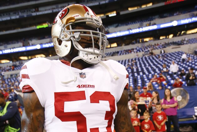 INDIANAPOLIS, IN - OCTOBER 8: NaVorro Bowman #53 of the San Francisco 49ers stands on the sideline prior to the game against the Indianapolis Colts at Lucas Oil Stadium on October 8, 2017 in Indianapolis, Indiana. The Colts defeated the 49ers 26-23. (Photo by Michael Zagaris/San Francisco 49ers/Getty Images)