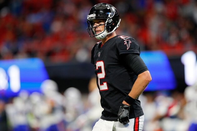 ATLANTA, GA - OCTOBER 01: Matt Ryan #2 of the Atlanta Falcons walks off the field after throwing an interception during the second half against the Buffalo Bills at Mercedes-Benz Stadium on October 1, 2017 in Atlanta, Georgia. (Photo by Kevin C.  Cox/Getty Images)