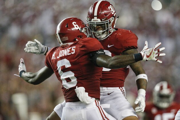 Alabama defensive back Hootie Jones, left, and linebacker Mack Wilson celebrate after Wilson intercepted a pass during the second half an NCAA college football game against Arkansas, Saturday, Oct. 14, 2017, in Tuscaloosa, Ala. (AP Photo/Brynn Anderson)