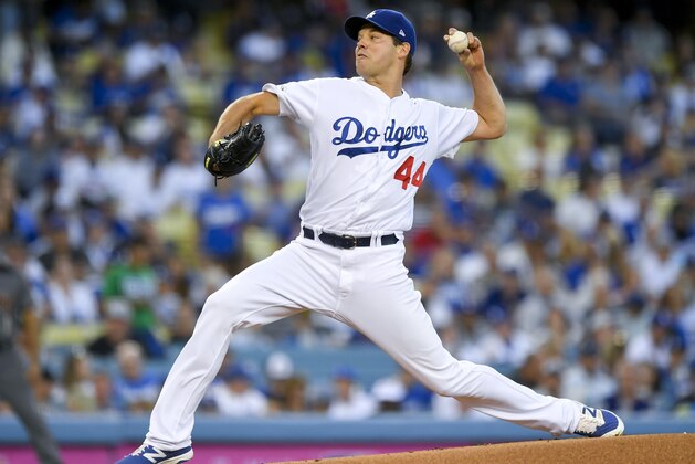 Los Angeles Dodgers starting pitcher Rich Hill throws against the Arizona Diamondbacks during the first inning of Game 2 of baseball's National League Division Series in Los Angeles, Saturday, Oct. 7, 2017. (AP Photo/Mark J. Terrill)