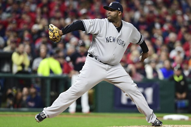 New York Yankees starting pitcher CC Sabathia delivers during the first inning against the Cleveland Indians in Game 5 of baseball's American League Division Series, Wednesday, Oct. 11, 2017, in Cleveland. (AP Photo/David Dermer) New York Yankees starting pitcher CC Sabathia delivers during the first inning against the Cleveland Indians in Game 5 of baseball's American League Division Series, Wednesday, Oct. 11, 2017, in Cleveland. (AP Photo/David Dermer)