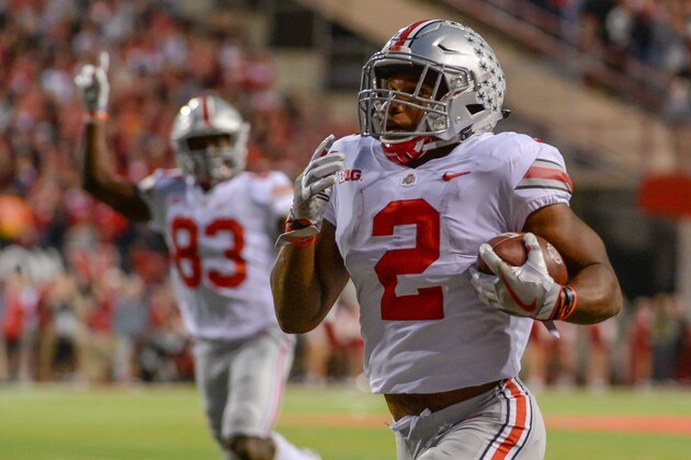LINCOLN, NE - OCTOBER 14: Running back J.K. Dobbins #2 of the Ohio State Buckeyes scores against the Nebraska Cornhuskers at Memorial Stadium on October 14, 2017 in Lincoln, Nebraska. (Photo by Steven Branscombe/Getty Images)