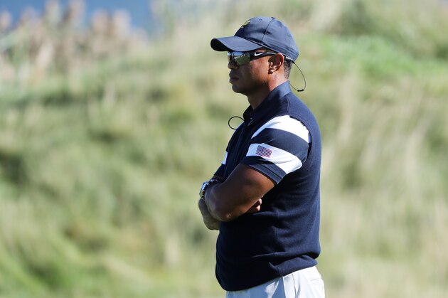 JERSEY CITY, NJ - SEPTEMBER 28:  Captain's assistant Tiger Woods of the U.S. Team looks on during Thursday foursome matches of the Presidents Cup at Liberty National Golf Club on September 28, 2017 in Jersey City, New Jersey.  (Photo by Sam Greenwood/Getty Images)