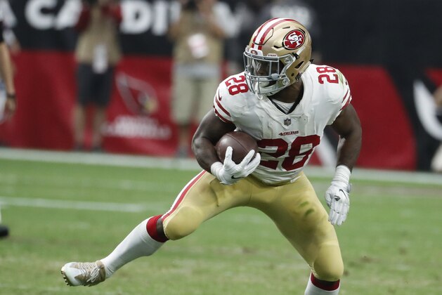 San Francisco 49ers running back Carlos Hyde (28) during an NFL football game against the Arizona Cardinals, Sunday, Oct. 1, 2017, in Glendale, Ariz. (AP Photo/Rick Scuteri)