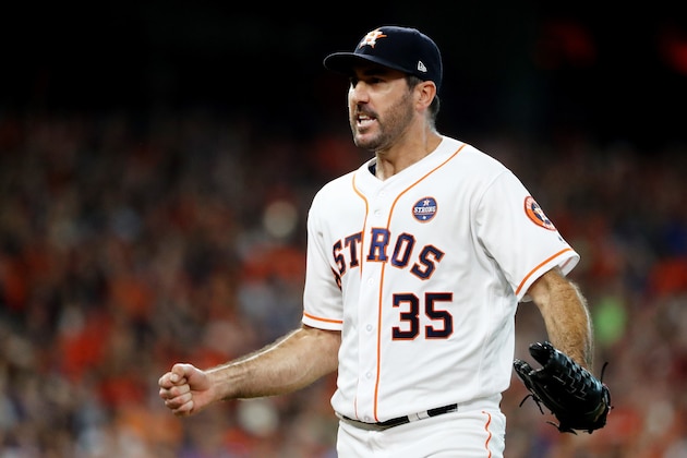 HOUSTON, TX - OCTOBER 14:  Justin Verlander #35 of the Houston Astros reacts in the ninth inning against the New York Yankees during game two of the American League Championship Series at Minute Maid Park on October 14, 2017 in Houston, Texas.  (Photo by Elsa/Getty Images)