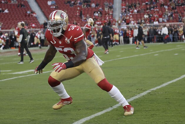 San Francisco 49ers linebacker NaVorro Bowman (53) warms up before an NFL football game between the 49ers and the Los Angeles Rams in Santa Clara, Calif., Monday, Sept. 12, 2016. (AP Photo/Marcio Jose Sanchez)