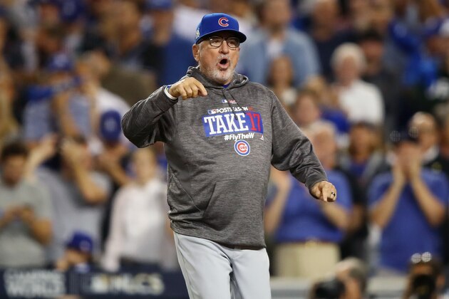 LOS ANGELES, CA - OCTOBER 14:  Joe Maddon #70 of the Chicago Cubs argues a call with an umpire in the seventh inning during Game One of the National League Championship Series against the Los Angeles Dodgers at Dodger Stadium on October 14, 2017 in Los Angeles, California.  (Photo by Ezra Shaw/Getty Images)