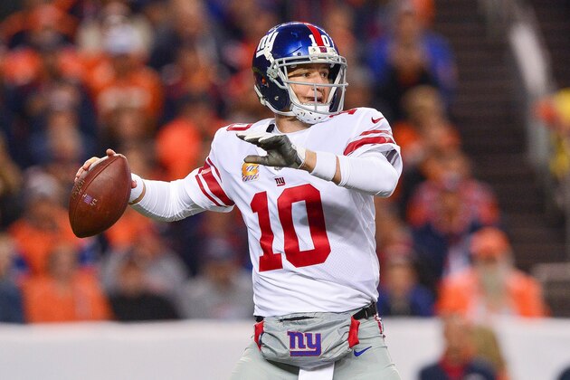 DENVER, CO - OCTOBER 15:  Quarterback Eli Manning #10 of the New York Giants passes against the Denver Broncos in the first quarter of a game at Sports Authority Field at Mile High on October 15, 2017 in Denver, Colorado. (Photo by Dustin Bradford/Getty Images)