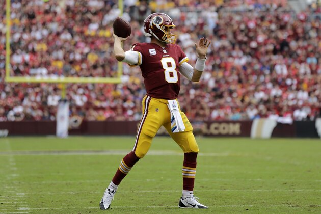 Washington Redskins quarterback Kirk Cousins throws during an NFL football game against the San Fransisco 49ers, Sunday, Oct. 15, 2017, in Landover, Md. (AP Photo/Mark Tenally)