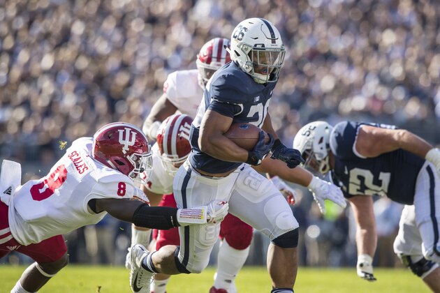 UNIVERSITY PARK, PA - SEPTEMBER 30:  Saquon Barkley #26 of the Penn State Nittany Lions carries the ball as he is brought down short of the goal line by Tegray Scales #8 of the Indiana Hoosiers during the first half on September 30, 2017 at Beaver Stadium in University Park, Pennsylvania.  (Photo by Brett Carlsen/Getty Images)