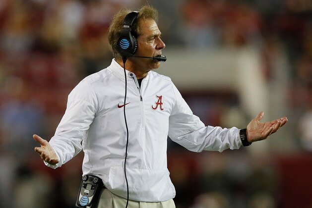 TUSCALOOSA, AL - OCTOBER 14:  Head coach Nick Saban of the Alabama Crimson Tide reacts during the game against the Arkansas Razorbacks at Bryant-Denny Stadium on October 14, 2017 in Tuscaloosa, Alabama.  (Photo by Kevin C. Cox/Getty Images)