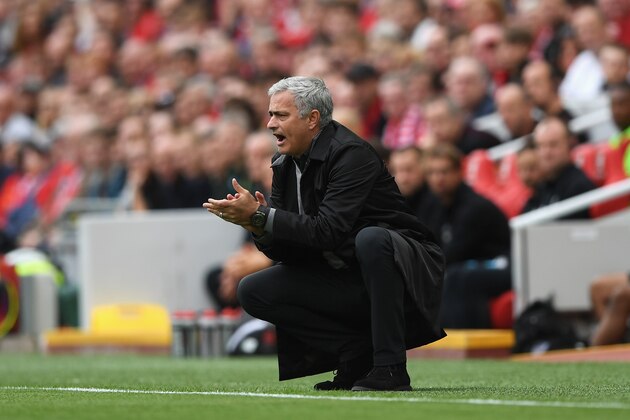 LIVERPOOL, ENGLAND - OCTOBER 14:  Jose Mourinho, Manager of Manchester United reacts during the Premier League match between Liverpool and Manchester United at Anfield on October 14, 2017 in Liverpool, England.  (Photo by Shaun Botterill/Getty Images)