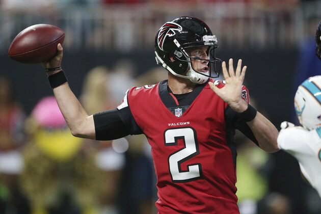 Atlanta Falcons quarterback Matt Ryan (2) works against the Miami Dolphins during the first half of an NFL football game, Sunday, Oct. 15, 2017, in Atlanta. (AP Photo/ John Bazemore))