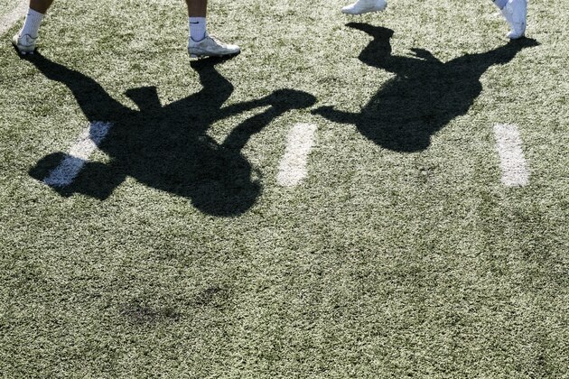 Members of the Kingwood High School football team practice Thursday, Sept. 7, 2017, at Turner Stadium in Humble, Texas. Damage from Hurricane Harvey to their school forced the Kingwood team to practice 9 miles away at another high school and its students will attend classes at still another school in the days to come. (AP Photo/Matt Rourke)