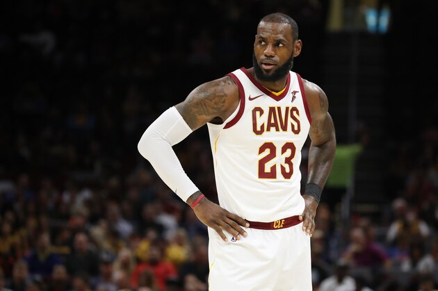 CLEVELAND, OH - OCTOBER 10: LeBron James #23 of the Cleveland Cavaliers looks on while playing the Chicago Bulls during a pre season game at Quicken Loans Arena on October 10, 2017 in Cleveland, Ohio. NOTE TO USER: User expressly acknowledges and agrees that, by downloading and or using this photograph, User is consenting to the terms and conditions of the Getty Images License Agreement.  (Photo by Gregory Shamus/Getty Images)