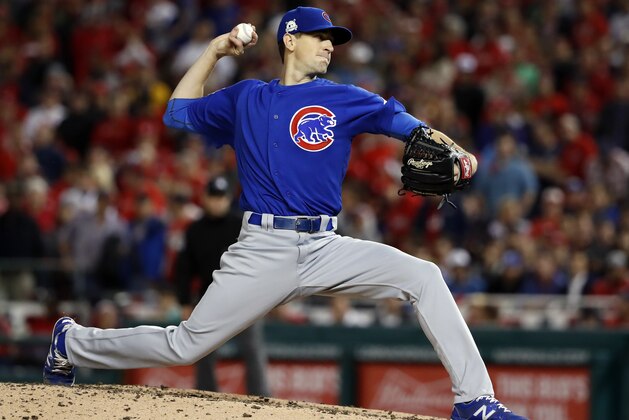 Chicago Cubs starting pitcher Kyle Hendricks throws during the fourth inning in Game 5 of baseball's National League Division Series against the Washington Nationals, at Nationals Park, Thursday, Oct. 12, 2017, in Washington. (AP Photo/Pablo Martinez Monsivais) Chicago Cubs starting pitcher Kyle Hendricks throws during the fourth inning in Game 5 of baseball's National League Division Series against the Washington Nationals, at Nationals Park, Thursday, Oct. 12, 2017, in Washington. (AP Photo/Pablo Martinez Monsivais)