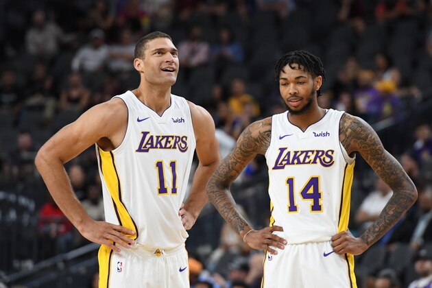 LAS VEGAS, NV - OCTOBER 8: Brook Lopez #11 and Brandon Ingram #14 of the Los Angeles Lakers talk during a preseason game against the Sacramento Kings on October 8, 2017 at T-Mobile Arena in Las Vegas, Nevada. NOTE TO USER: User expressly acknowledges and agrees that, by downloading and/or using this photograph, user is consenting to the terms and conditions of the Getty Images License Agreement. Mandatory Copyright Notice: Copyright 2017 NBAE (Photo by Garrett Ellwood/NBAE via Getty Images)