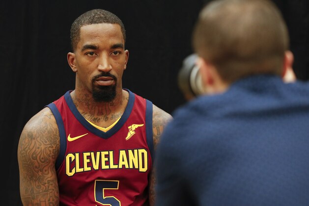Cleveland Cavaliers' J.R. Smith poses for a portrait during the NBA basketball team media day, Monday, Sept. 25, 2017, in Independence, Ohio. (AP Photo/Ron Schwane)
