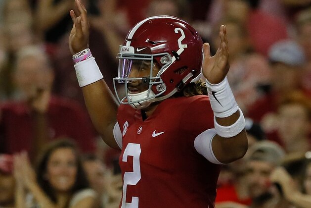 TUSCALOOSA, AL - OCTOBER 14:  Jalen Hurts #2 of the Alabama Crimson Tide reacts after rushing for a touchdown against the Arkansas Razorbacks at Bryant-Denny Stadium on October 14, 2017 in Tuscaloosa, Alabama.  (Photo by Kevin C. Cox/Getty Images)