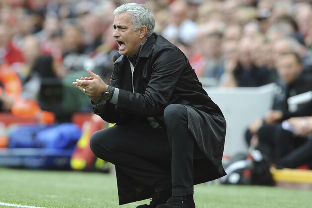Manchester United manager Jose Mourinho during the English Premier League soccer match between Liverpool and Manchester United at Anfield, Liverpool, England, Saturday, Oct. 14, 2017. (AP Photo/Rui Vieira)