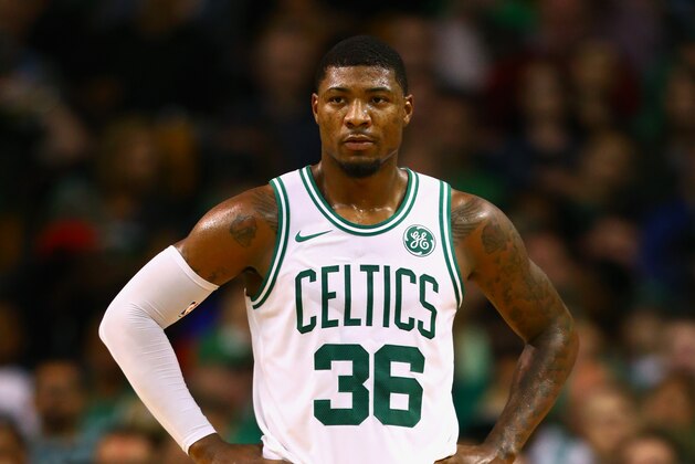 BOSTON, MA - OCTOBER 09:  Marcus Smart #36 of the Boston Celtics looks on during the game against the Philadelphia 76ers at TD Garden on October 9, 2017 in Boston, Massachusetts. NOTE TO USER: User expressly acknowledges and agrees that, by downloading and or using this Photograph, user is consenting to the terms and conditions of the Getty Images License Agreement. (Photo by Omar Rawlings/Getty Images)