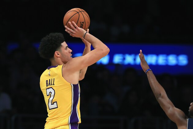 LOS ANGELES, CA - OCTOBER 02:  Lonzo Ball #2 of the Los Angeles Lakers shoots the ball during the second half of a preseason game against the Denver Nuggets  at Staples Center on October 2, 2017 in Los Angeles, California.  NOTE TO USER: User expressly acknowledges and agrees that, by downloading and or using this Photograph, user is consenting to the terms and conditions of the Getty Images License Agreement  (Photo by Sean M. Haffey/Getty Images)