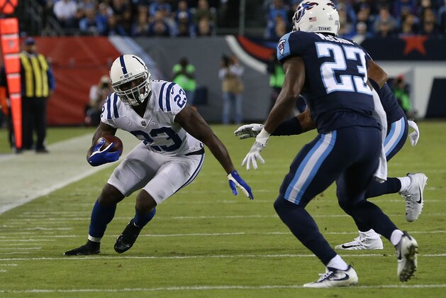 NASHVILLE, TN - OCTOBER 16:  Frank Gore #23 of the Indianapolis Colts rushes against Brice McCain #23 of the Tennessee Titans during the first half at Nissan Stadium on October 16, 2017 in Nashville, Tennessee.  (Photo by Frederick Breedon/Getty Images)