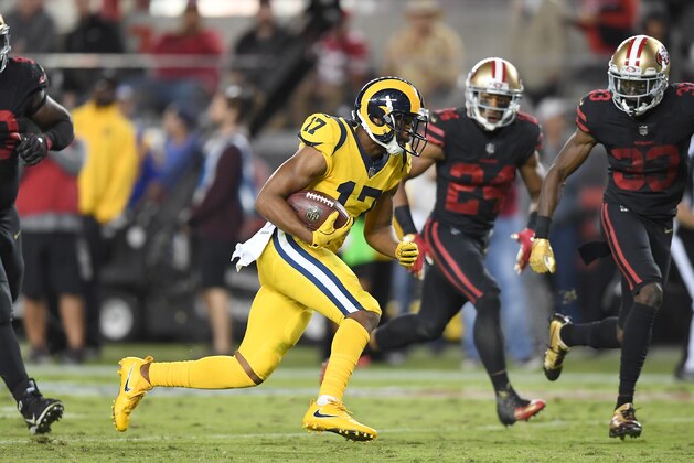 SANTA CLARA, CA - SEPTEMBER 21:  Robert Woods #17 of the Los Angeles Rams runs with the ball after catching a pass against the San Francisco 49ers during their NFL football game at Levi's Stadium on September 21, 2017 in Santa Clara, California.  (Photo by Thearon W. Henderson/Getty Images)