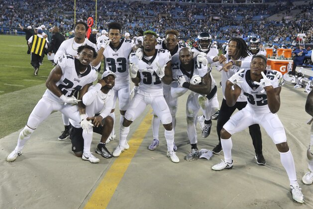 Philadelphia Eagles players celebrates in the final seconds of the second half of an NFL football game in Charlotte, N.C., Thursday, Oct. 12, 2017. (AP Photo/Bob Leverone)