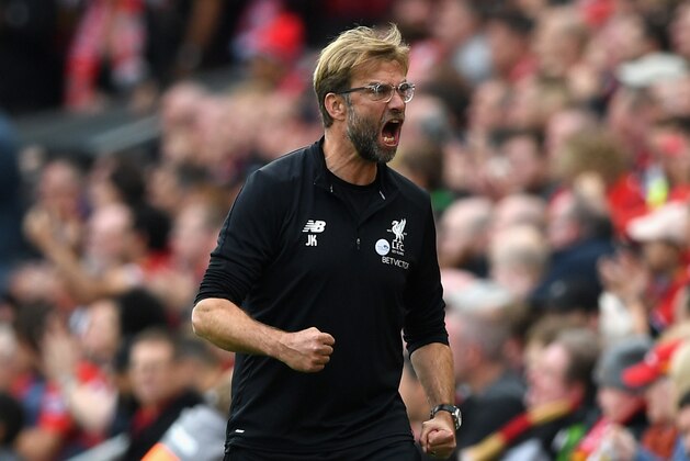 LIVERPOOL, ENGLAND - OCTOBER 14:  Jurgen Klopp, Manager of Liverpool reacts during the Premier League match between Liverpool and Manchester United at Anfield on October 14, 2017 in Liverpool, England.  (Photo by Shaun Botterill/Getty Images)