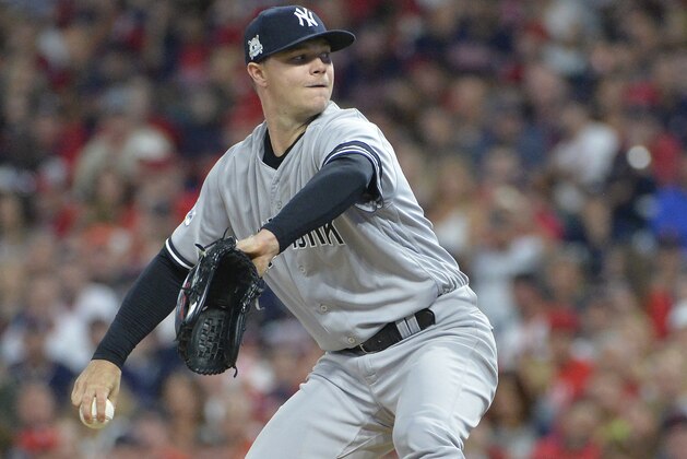 New York Yankee starting pitcher Sonny Gray delivers against the Cleveland Indians during the first inning of Game 1 of baseball's American League Division Series, Thursday, Oct. 5, 2017, in Cleveland. (AP Photo/Phil Long)