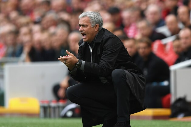 LIVERPOOL, ENGLAND - OCTOBER 14: Jose Mourinho, Manager of Manchester United reacts during the Premier League match between Liverpool and Manchester United at Anfield on October 14, 2017 in Liverpool, England.  (Photo by Shaun Botterill/Getty Images)