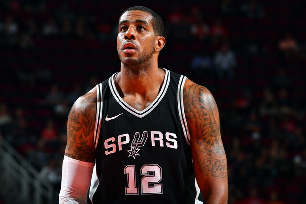 HOUSTON, TX - OCTOBER 17: LaMarcus Aldridge #12 of the San Antonio Spurs shoots a free throw during the preseason game against the Houston Rockets on October 13, 2017 at Toyota Center in Houston, Texas. NOTE TO USER: User expressly acknowledges and agrees that, by downloading and/or using this Photograph, user is consenting to the terms and conditions of the Getty Images License Agreement. Mandatory Copyright Notice: Copyright 2017 NBAE (Photo by Jesse D. Garrabrant/NBAE via Getty Images)