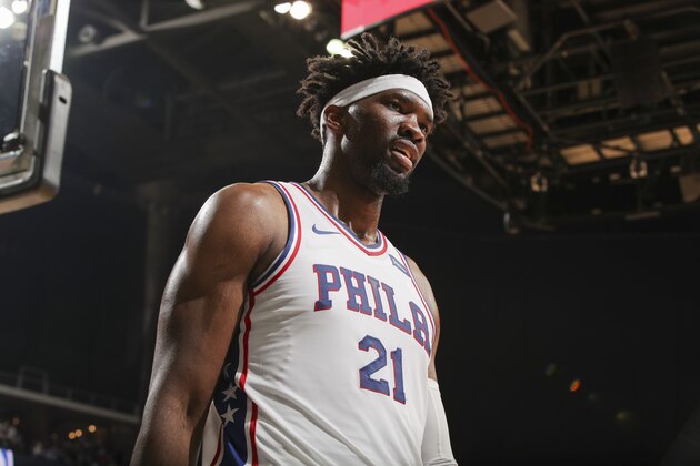 KANSAS CITY, MO - OCTOBER 13:  Joel Embiid #21 of the Philadelphia 76ers looks on during the preseason game against the Miami Heat on October 13, 2017 at Sprint Center in Kansas City, Missouri. NOTE TO USER: User expressly acknowledges and agrees that, by downloading and or using this Photograph, user is consenting to the terms and conditions of the Getty Images License Agreement. Mandatory Copyright Notice: Copyright 2017 NBAE (Photo by Issac Baldizon/NBAE via Getty Images)