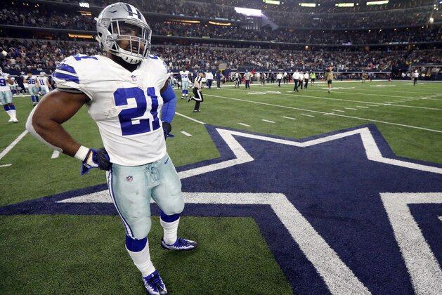 FILE - In this Sunday, Oct. 8, 2017, file photo, Dallas Cowboys' Ezekiel Elliott stands on the field after their 35-31 loss to the Green Bay Packers in a NFL football game in Arlington, Texas. A federal appeals court on Thursday, Oct. 12, 2017, has lifted an injunction that blocked a six-game suspension for  Elliott, clearing the way for the NFL’s punishment over domestic violence allegations and likely leading to the running back’s legal team seeking further relief. (AP Photo/Michael Ainsworth, File)