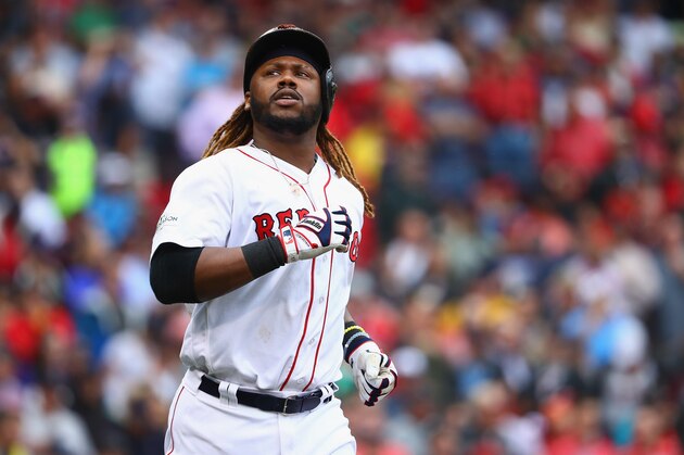 BOSTON, MA - OCTOBER 09:  Hanley Ramirez #13 of the Boston Red Sox reacts during game four of the American League Division Series against the Houston Astros at Fenway Park on October 9, 2017 in Boston, Massachusetts.  (Photo by Maddie Meyer/Getty Images)