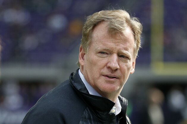 NFL commissioner Roger Goodell watches from the sidelines before an NFL football game between the Minnesota Vikings and Green Bay Packers in Minneapolis, Sunday, Oct. 15, 2017. (AP Photo/Bruce Kluckhohn)