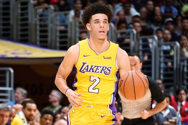 LOS ANGELES, CA - OCTOBER 2: Lonzo Ball #2 of the Los Angeles Lakers handles the ball during the game against the Denver Nuggets during a preseason game on October 2, 2017 at STAPLES Center in Los Angeles, California. NOTE TO USER: User expressly acknowledges and agrees that, by downloading and/or using this Photograph, user is consenting to the terms and conditions of the Getty Images License Agreement. Mandatory Copyright Notice: Copyright 2017 NBAE (Photo by Andrew D. Bernstein/NBAE via Getty Images)