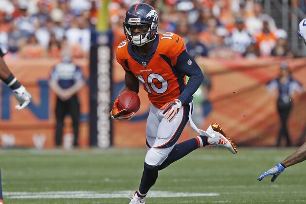 Denver Broncos wide receiver Emmanuel Sanders runs against the Dallas Cowboys during the first half of an NFL football game, Sunday, Sept. 17, 2017, in Denver. (AP Photo/Jack Dempsey)