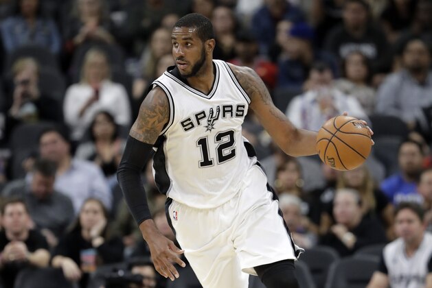 San Antonio Spurs forward LaMarcus Aldridge (12) during the second half of an NBA basketball game against the Indiana Pacers, Wednesday, March 1, 2017, in San Antonio. San Antonio Spurs won 100-99. (AP Photo/Eric Gay)