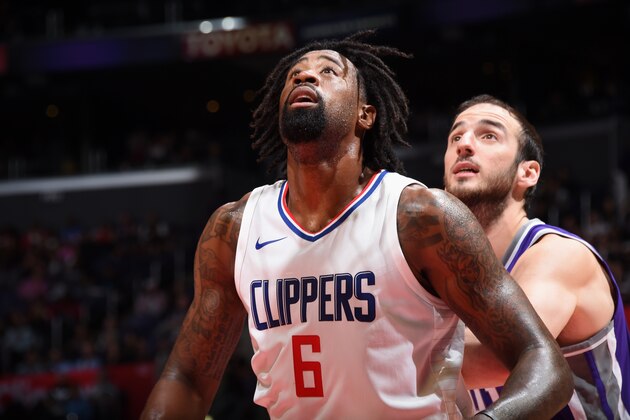 LOS ANGELES, CA - OCTOBER 12:  DeAndre Jordan #6 of the LA Clippers boxes out against the Sacramento Kings on October 12, 2017 at STAPLES Center in Los Angeles, California. NOTE TO USER: User expressly acknowledges and agrees that, by downloading and/or using this Photograph, user is consenting to the terms and conditions of the Getty Images License Agreement. Mandatory Copyright Notice: Copyright 2017 NBAE (Photo by Andrew D. Bernstein/NBAE via Getty Images)