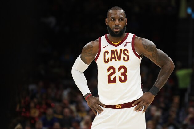 CLEVELAND, OH - OCTOBER 10: LeBron James #23 of the Cleveland Cavaliers looks on while playing the Chicago Bulls during a pre season game at Quicken Loans Arena on October 10, 2017 in Cleveland, Ohio. NOTE TO USER: User expressly acknowledges and agrees that, by downloading and or using this photograph, User is consenting to the terms and conditions of the Getty Images License Agreement.  (Photo by Gregory Shamus/Getty Images)