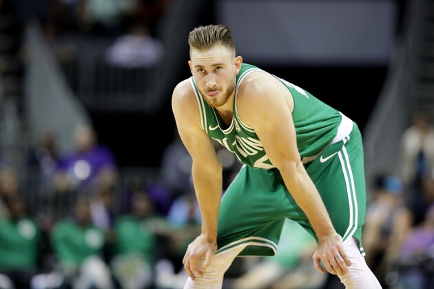 CHARLOTTE, NC - OCTOBER 11:  Gordon Hayward #20 of the Boston Celtics watches on against the Charlotte Hornets during their game at Spectrum Center on October 11, 2017 in Charlotte, North Carolina. NOTE TO USER: User expressly acknowledges and agrees that, by downloading and or using this photograph, User is consenting to the terms and conditions of the Getty Images License Agreement.  (Photo by Streeter Lecka/Getty Images)